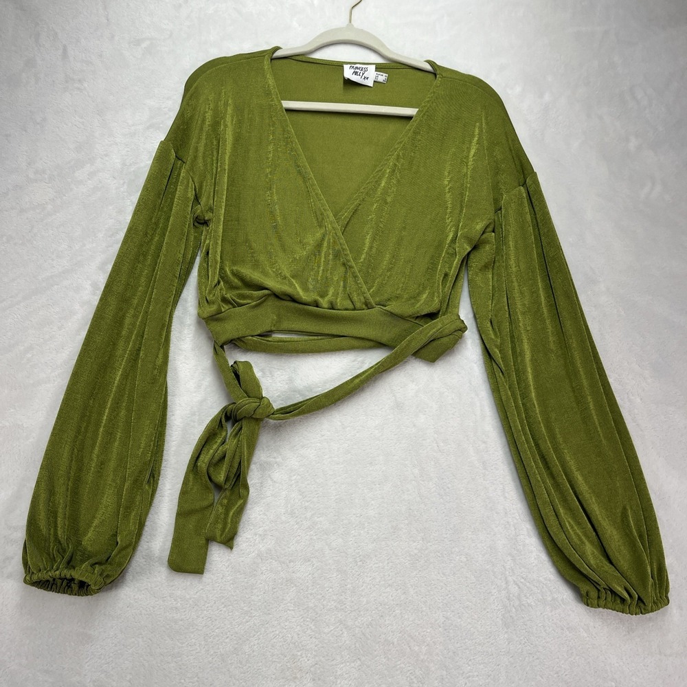 Princess Polly Faux Wrap Crop Top Womens 6 Waist Tie Green Festival Summer